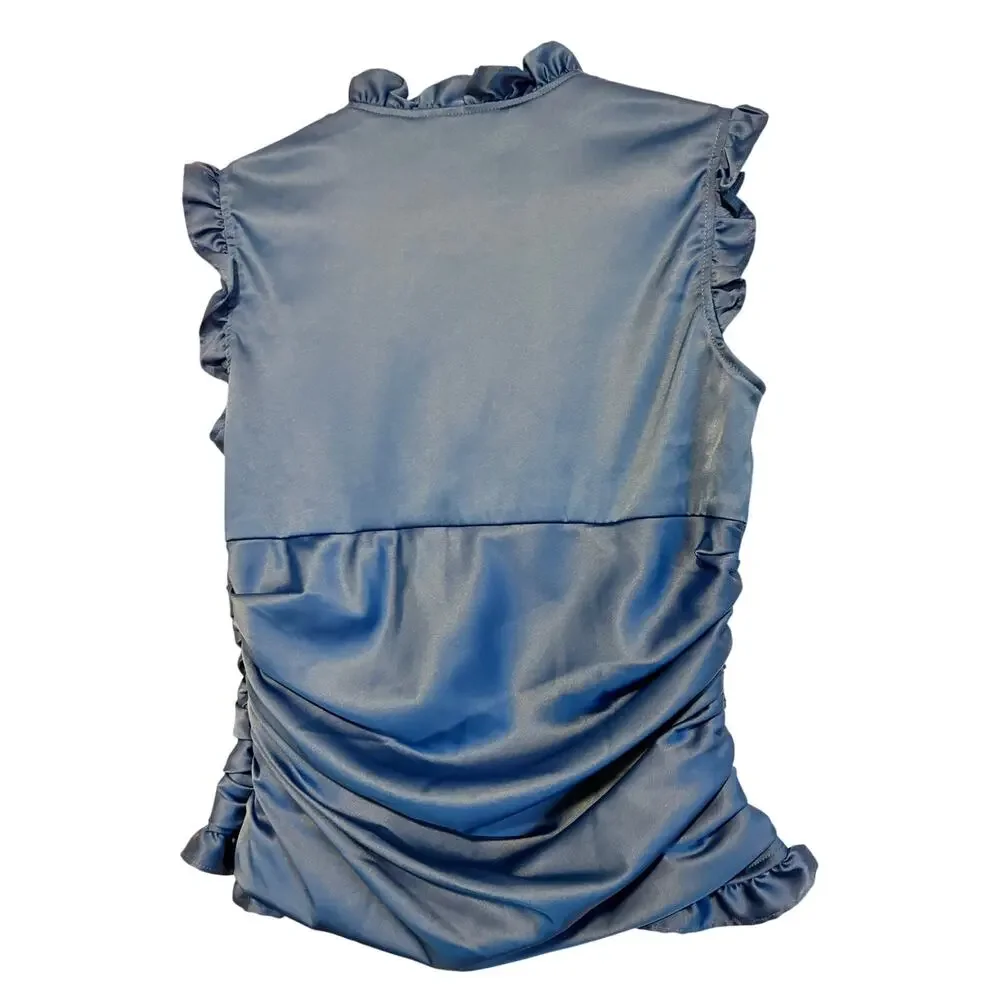 Dressbarn Collection Blue Satin Sleeveless Ruffle Blouse Ruched 6 Regency Y2k
